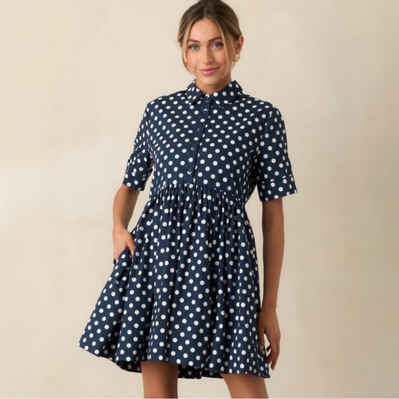 Prosperina Dresses & Skirts - NWT Prosperina Piper Polka Dot Navy Cotton Mini Dress XS